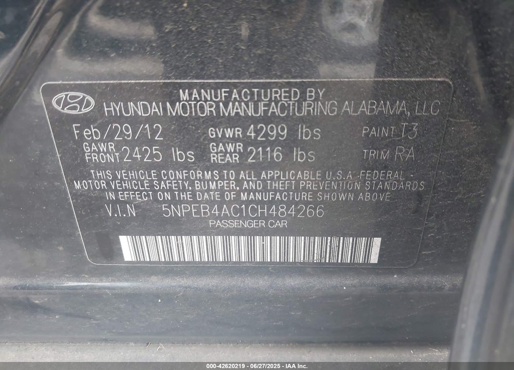 2012 HYUNDAI SONATA VIN: 5NPEB4AC1CH484266
