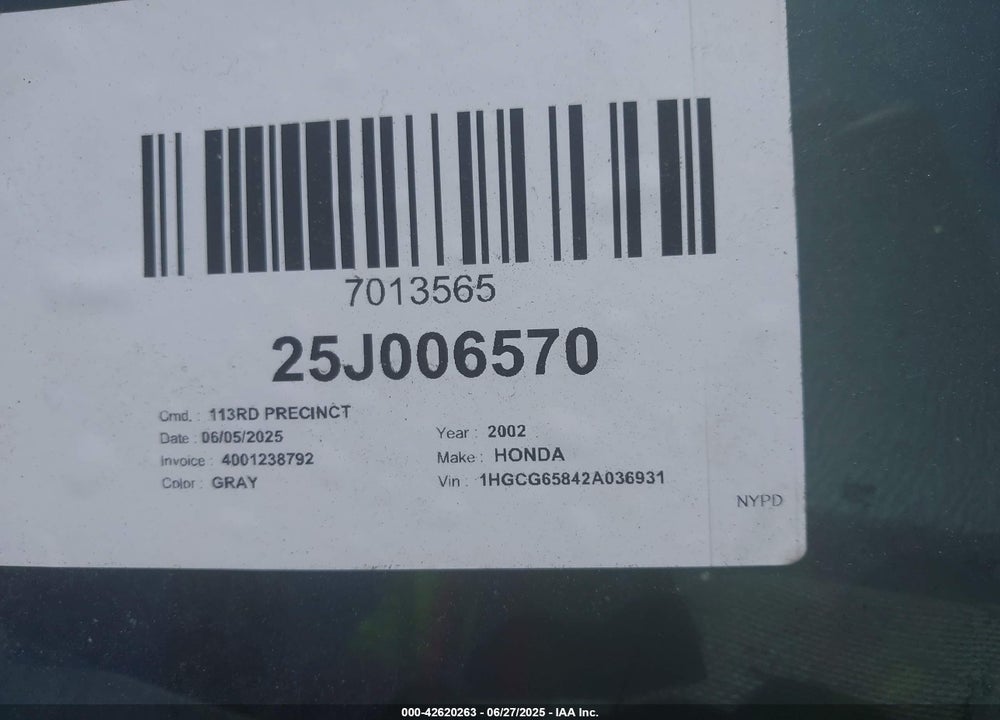 2002 HONDA ACCORD 2.3 EX VIN: 1HGCG65842A036931