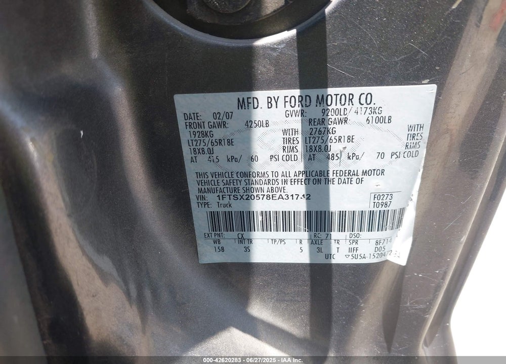 2008 FORD F-250 LARIAT/XL/XLT VIN: 1FTSX20578EA31742