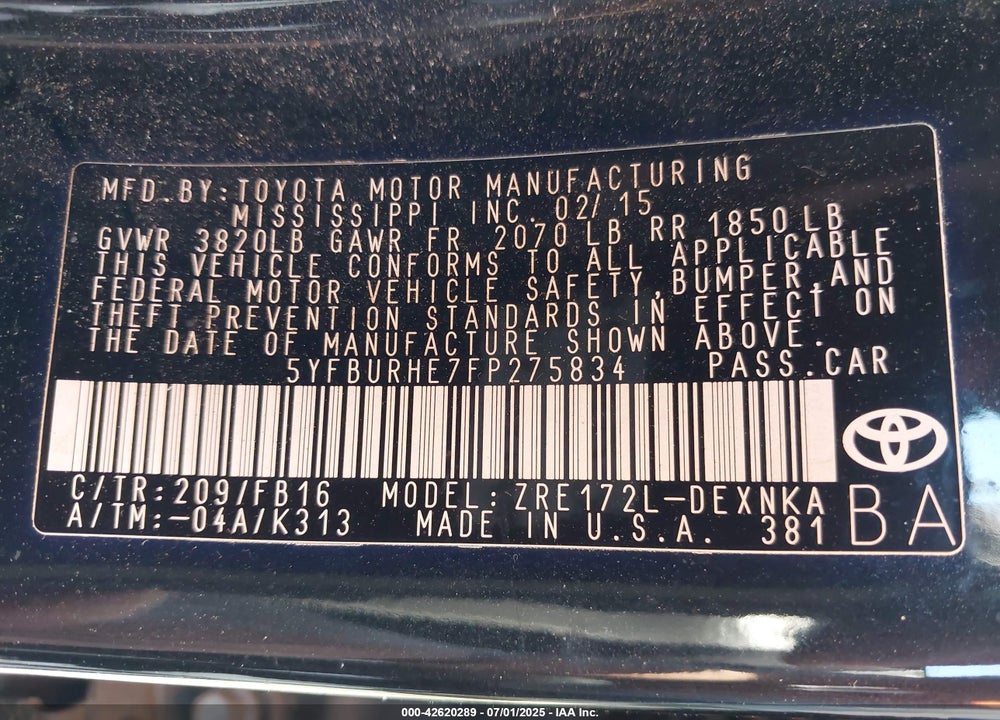 2015 TOYOTA COROLLA LE VIN: 5YFBURHE7FP275834