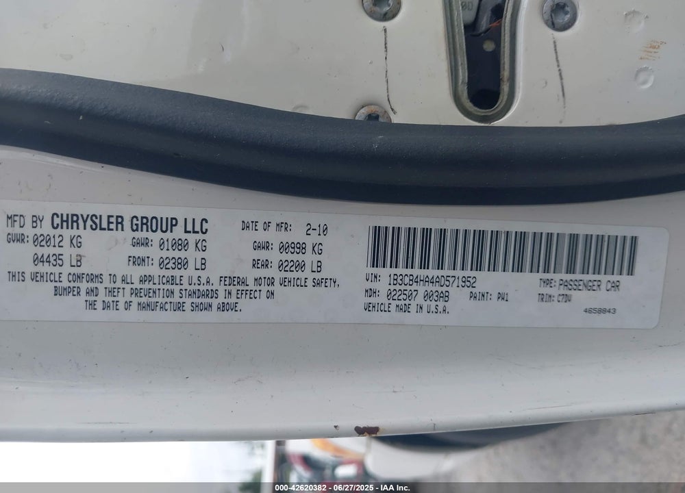 2010 DODGE CALIBER VIN: 1B3CB4HA4AD571952