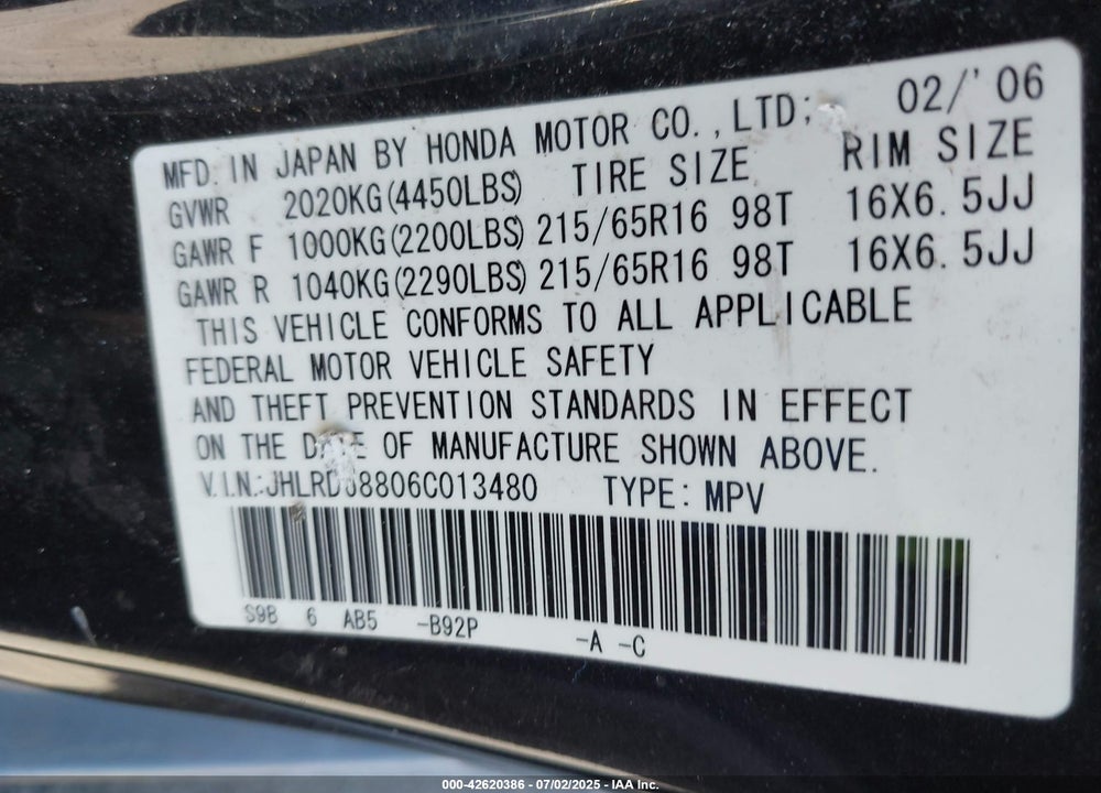 2006 HONDA CR-V VIN: JHLRD68806C013480
