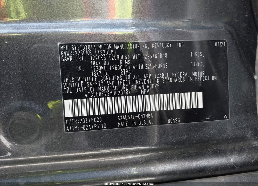 2021 TOYOTA RAV4 HYBRID VIN: 4T3E6RFV2MU029187