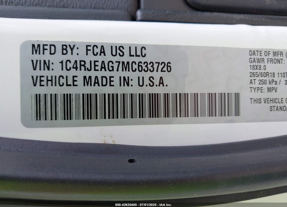 2021 JEEP GRAND CHEROKEE LAREDO E 4X2 VIN: 1C4RJEAG7MC633726
