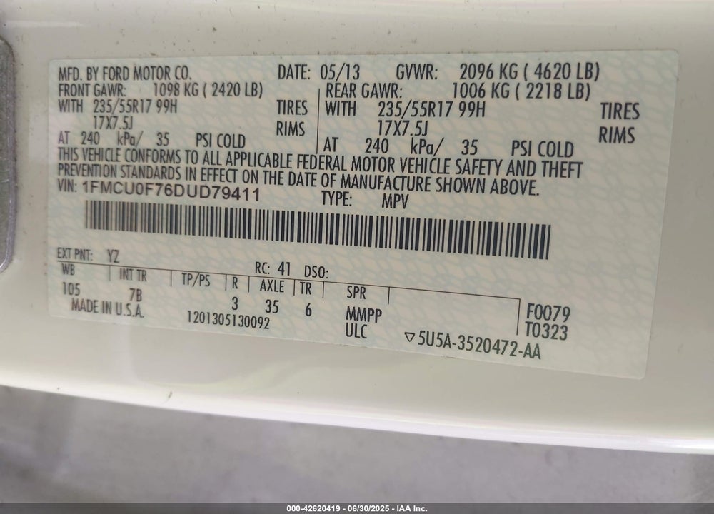 2013 FORD ESCAPE VIN: 1FMCU0F76DUD79411