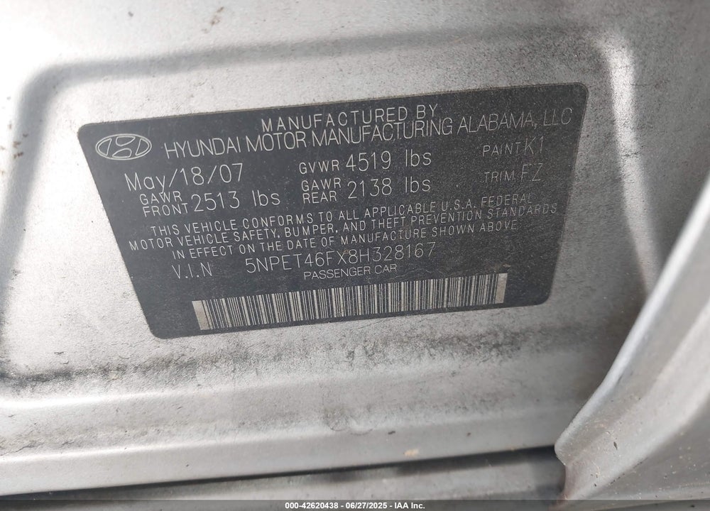 2008 HYUNDAI SONATA GLS V6 VIN: 5NPET46FX8H328167