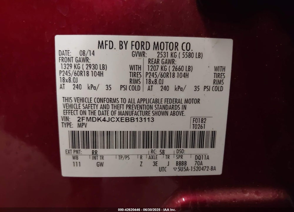 2014 FORD EDGE VIN: 2FMDK4JCXEBB13113