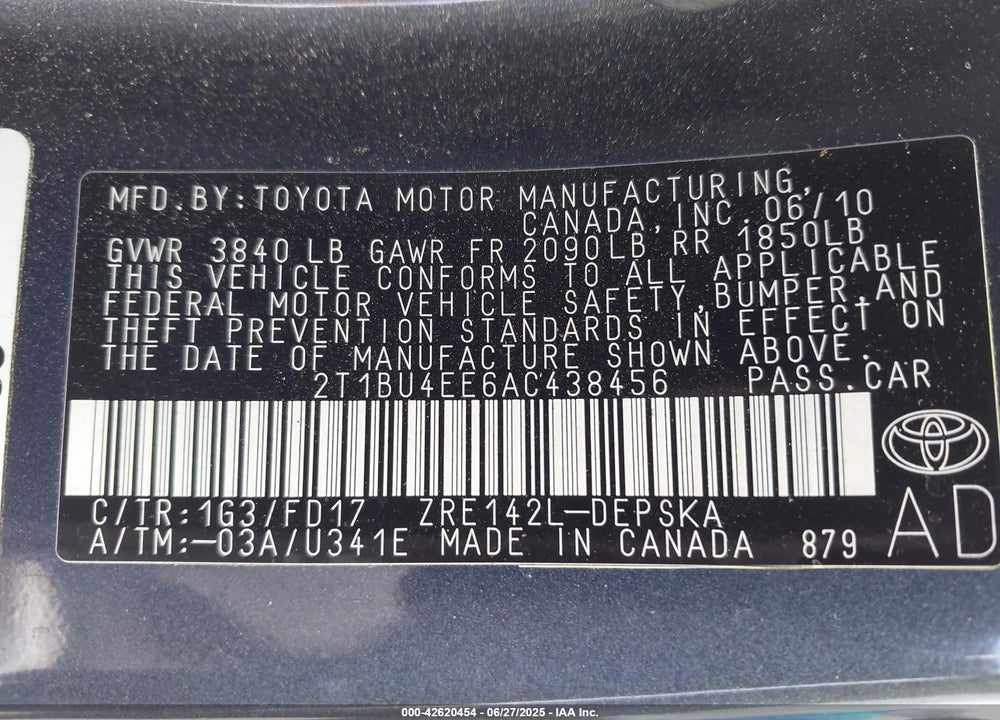 2010 TOYOTA COROLLA VIN: 2T1BU4EE6AC438456