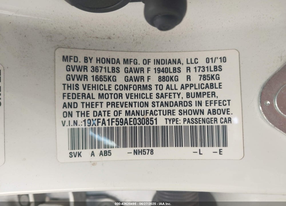 2010 HONDA CIVIC VIN: 19XFA1F59AE030851