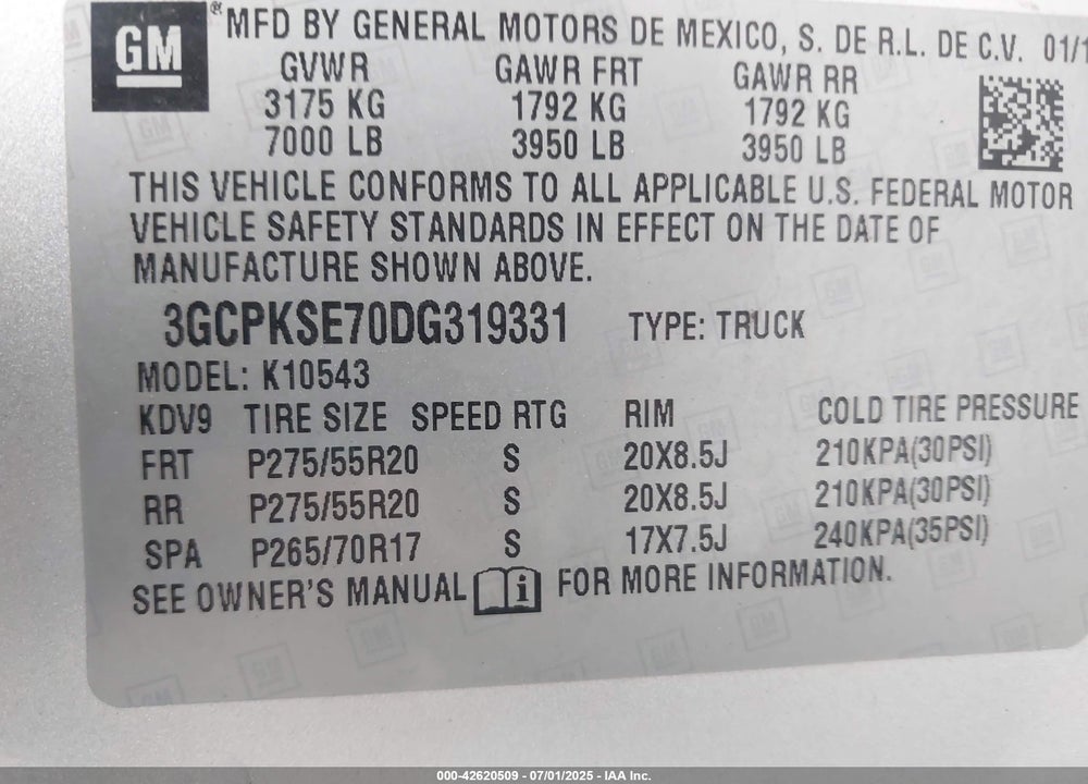 2013 CHEVROLET SILVERADO 1500 LT VIN: 3GCPKSE70DG319331