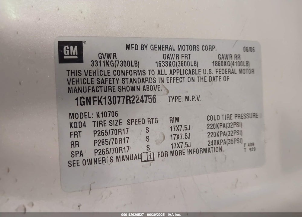 2007 CHEVROLET TAHOE LT VIN: 1GNFK13077R224756