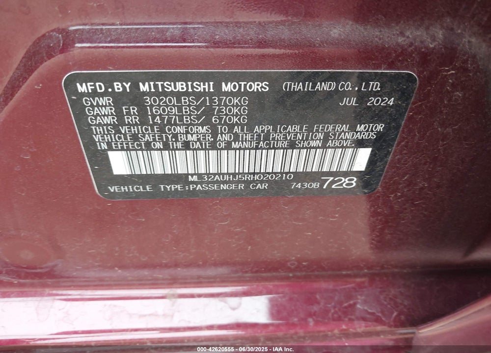 2024 MITSUBISHI MIRAGE VIN: ML32AUHJ5RH020210
