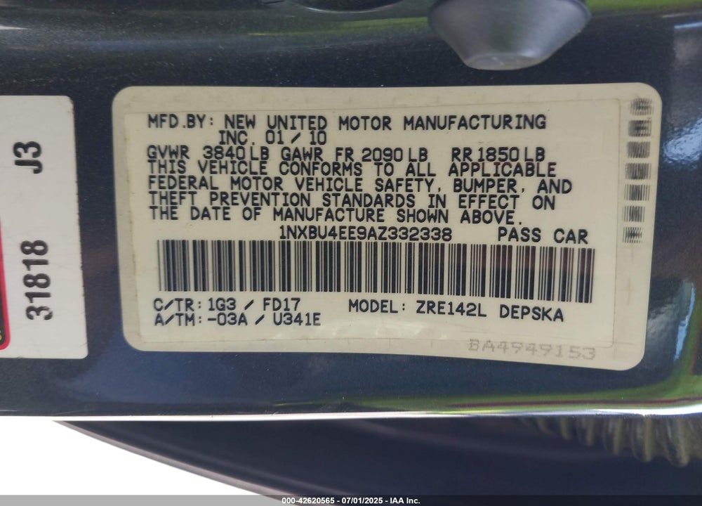 2010 TOYOTA COROLLA VIN: 1NXBU4EE9AZ332338