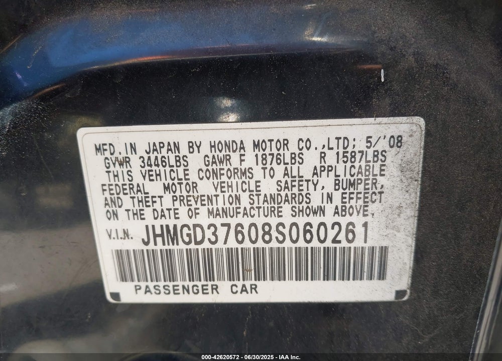 2008 HONDA FIT VIN: JHMGD37608S060261