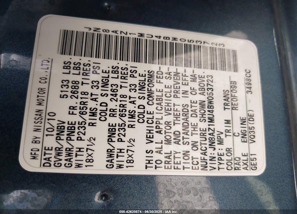 2011 NISSAN MURANO VIN: JN8AZ1MU4BW053723