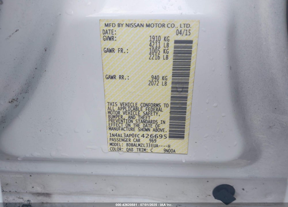 2015 NISSAN ALTIMA VIN: 1N4AL3AP0FC426695