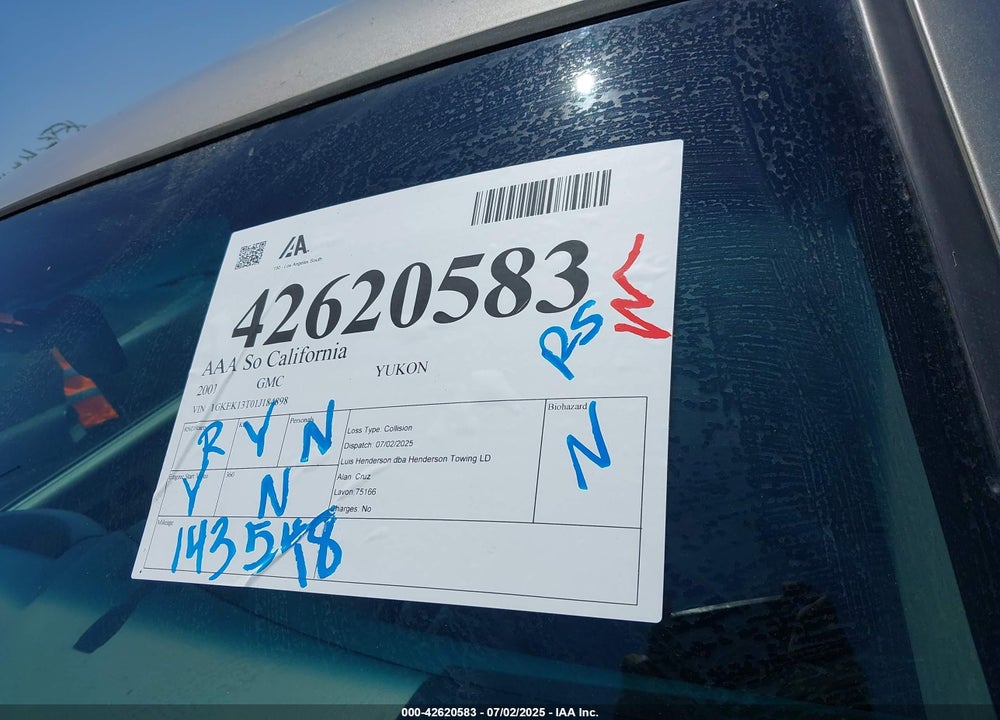 2001 GMC YUKON SLT VIN: 1GKEK13T01J184898