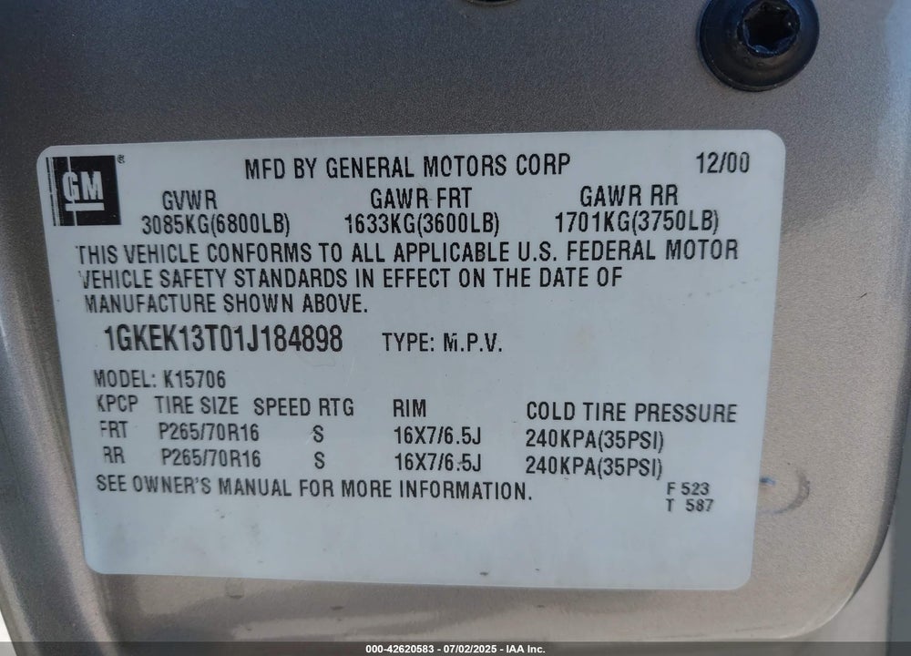 2001 GMC YUKON SLT VIN: 1GKEK13T01J184898