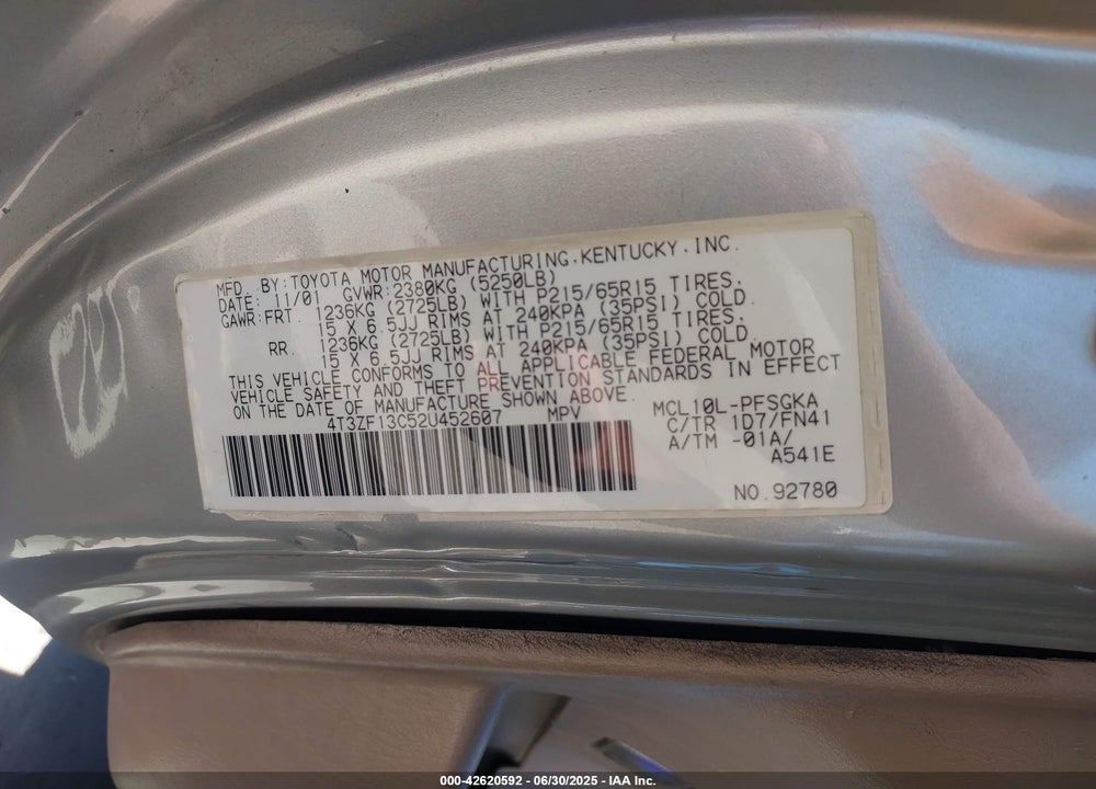 2002 TOYOTA SIENNA VIN: 4T3ZF13C52U452607