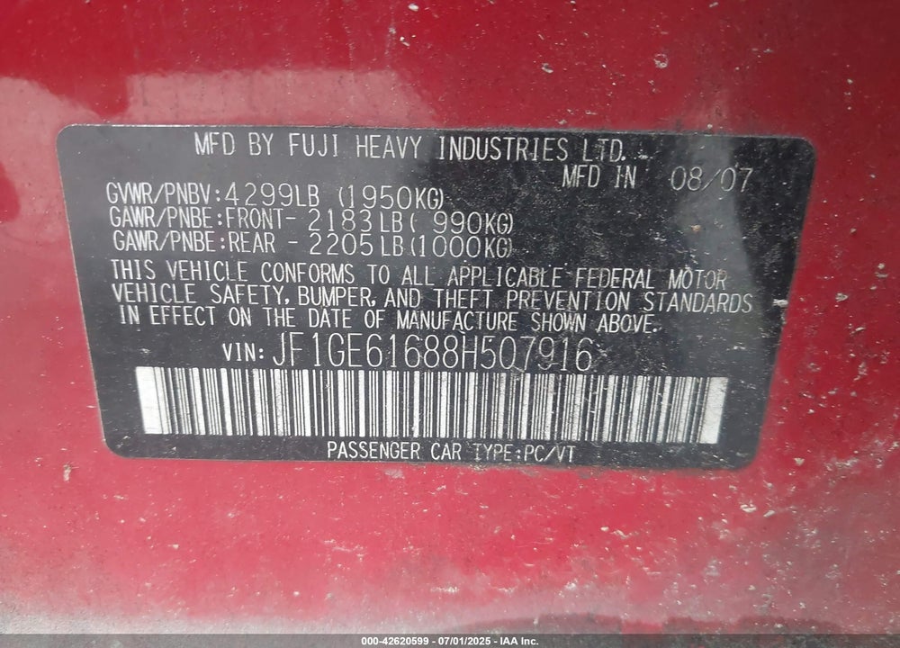 2008 SUBARU IMPREZA 2.5I VIN: JF1GE61688H507916