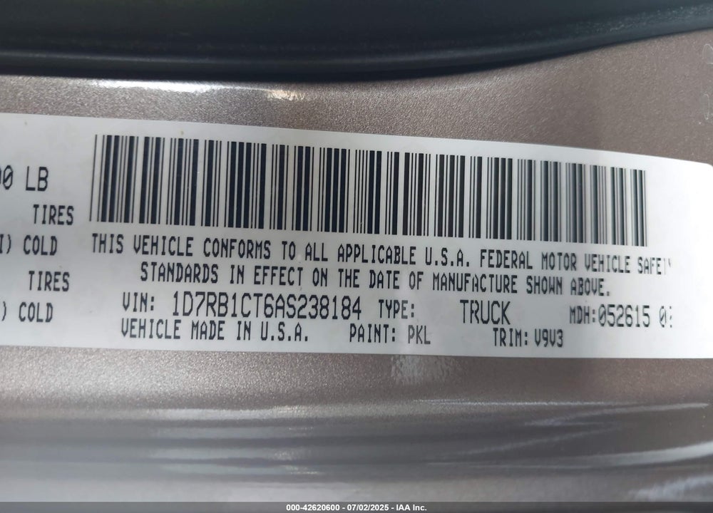2010 DODGE RAM 1500 VIN: 1D7RB1CT6AS238184