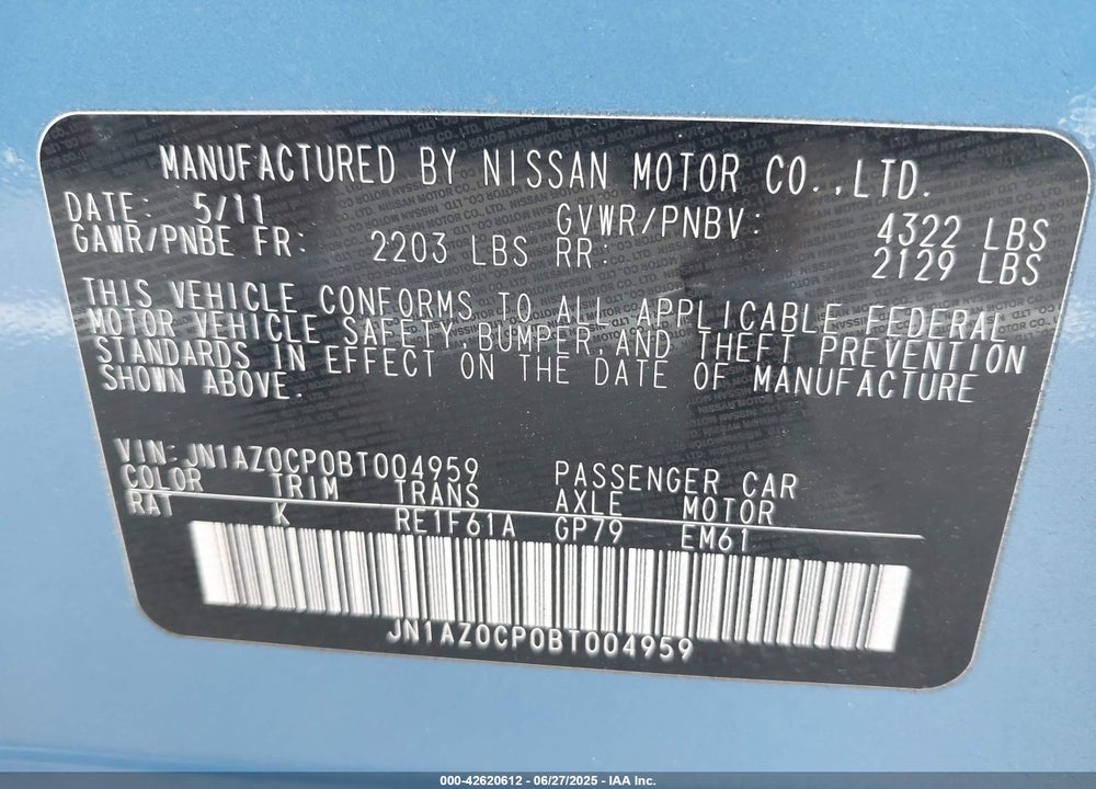 2011 NISSAN LEAF SL VIN: JN1AZ0CP0BT004959