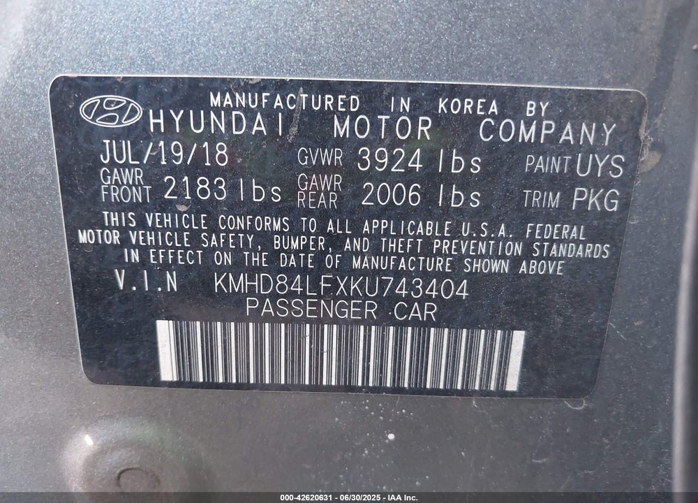 2019 HYUNDAI ELANTRA VIN: KMHD84LFXKU743404