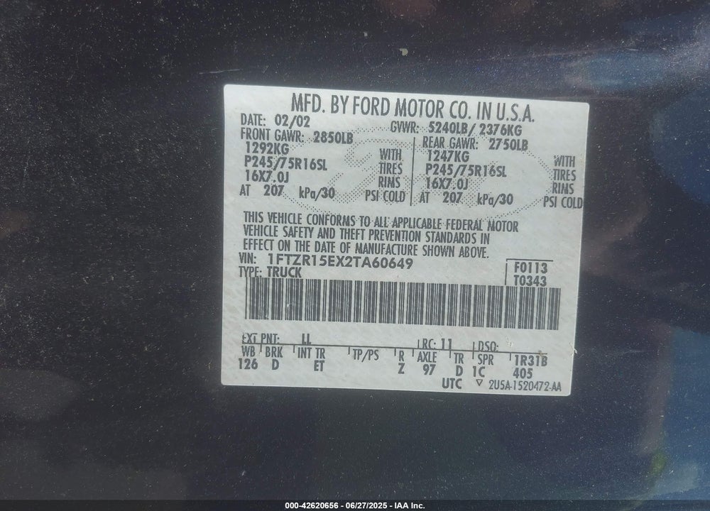 2002 FORD RANGER XLT VIN: 1FTZR15EX2TA60649