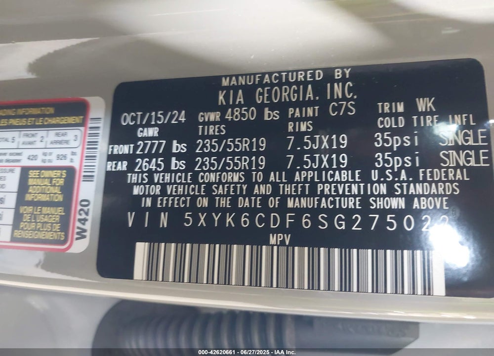 2025 KIA SPORTAGE VIN: 5XYK6CDF6SG275022