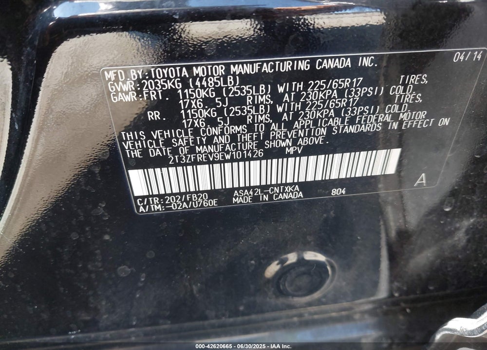 2014 TOYOTA RAV4 VIN: 2T3ZFREV9EW101426