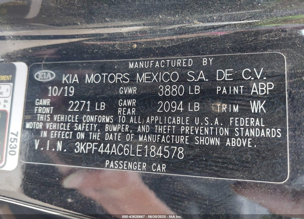 2020 KIA FORTE VIN: 3KPF44AC6LE184578