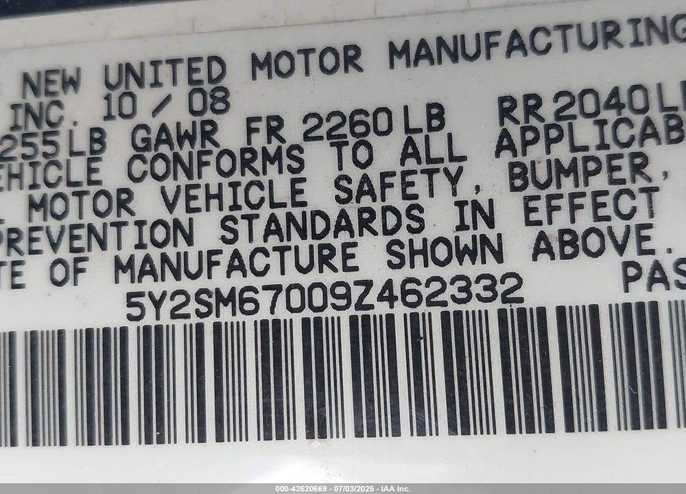 2009 PONTIAC VIBE VIN: 5Y2SM67009Z462332