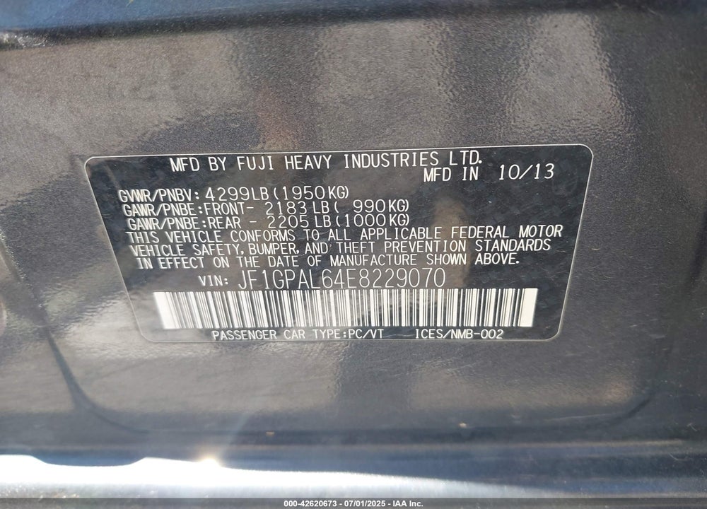 2014 SUBARU IMPREZA VIN: JF1GPAL64E8229070