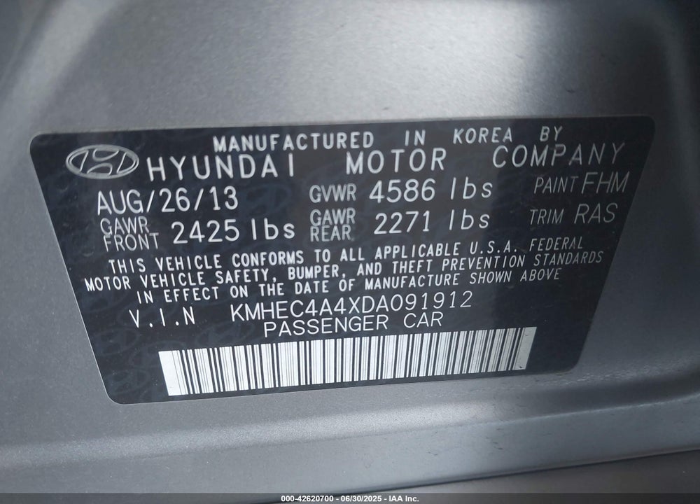 2013 HYUNDAI SONATA HYBRID VIN: KMHEC4A4XDA091912