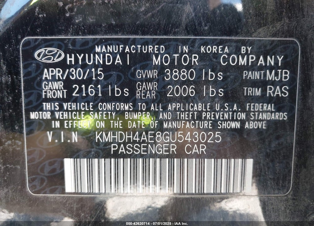 2016 HYUNDAI ELANTRA SE VIN: KMHDH4AE8GU543025