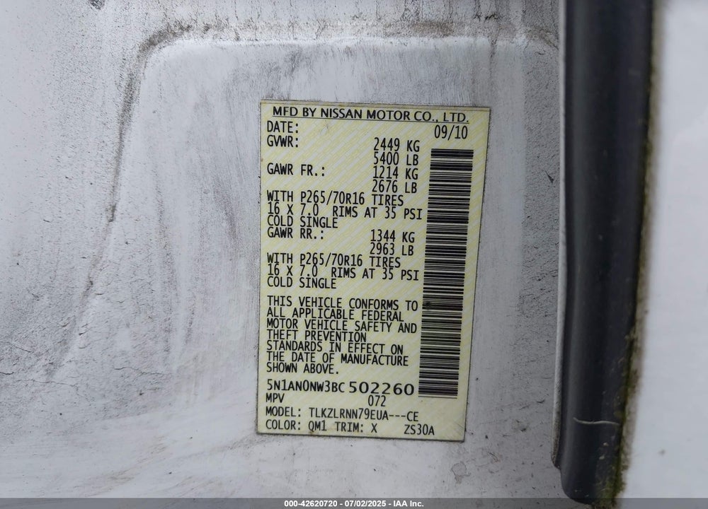 2011 NISSAN XTERRA VIN: 5N1AN0NW3BC502260