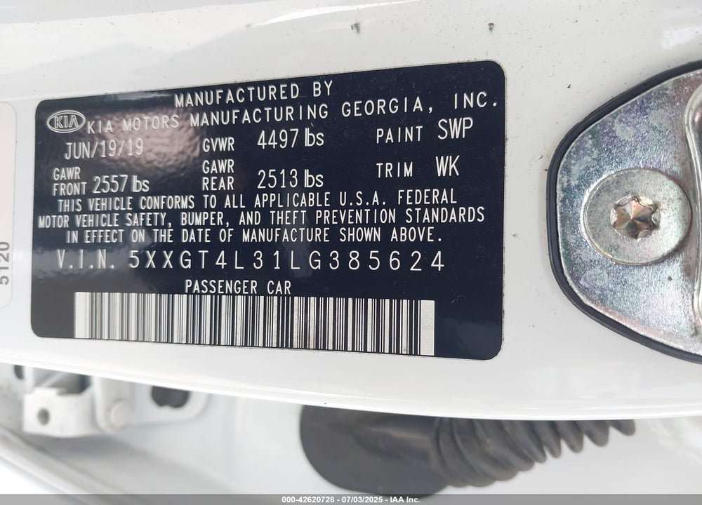 2020 KIA OPTIMA VIN: 5XXGT4L31LG385624