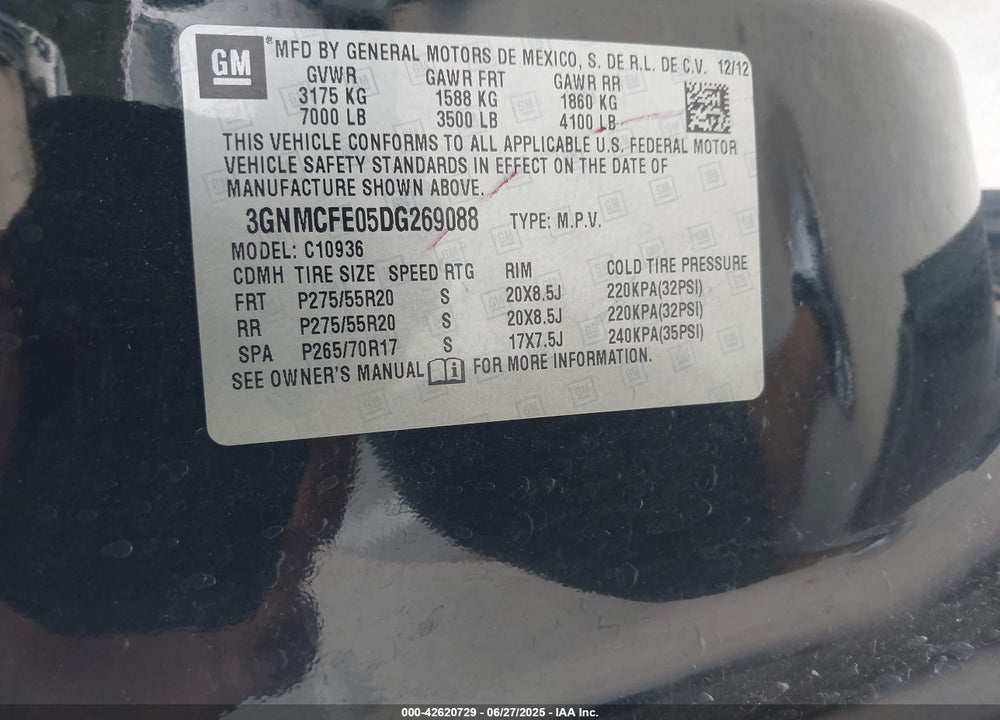 2013 CHEVROLET AVALANCHE VIN: 3GNMCFE05DG269088