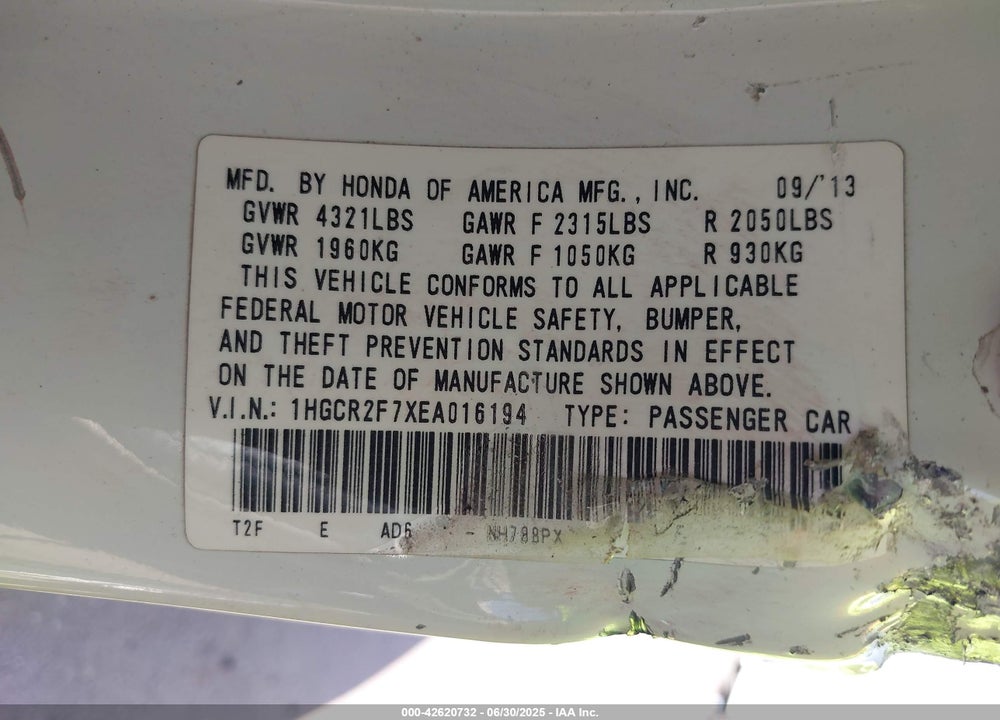 2014 HONDA ACCORD VIN: 1HGCR2F7XEA016194