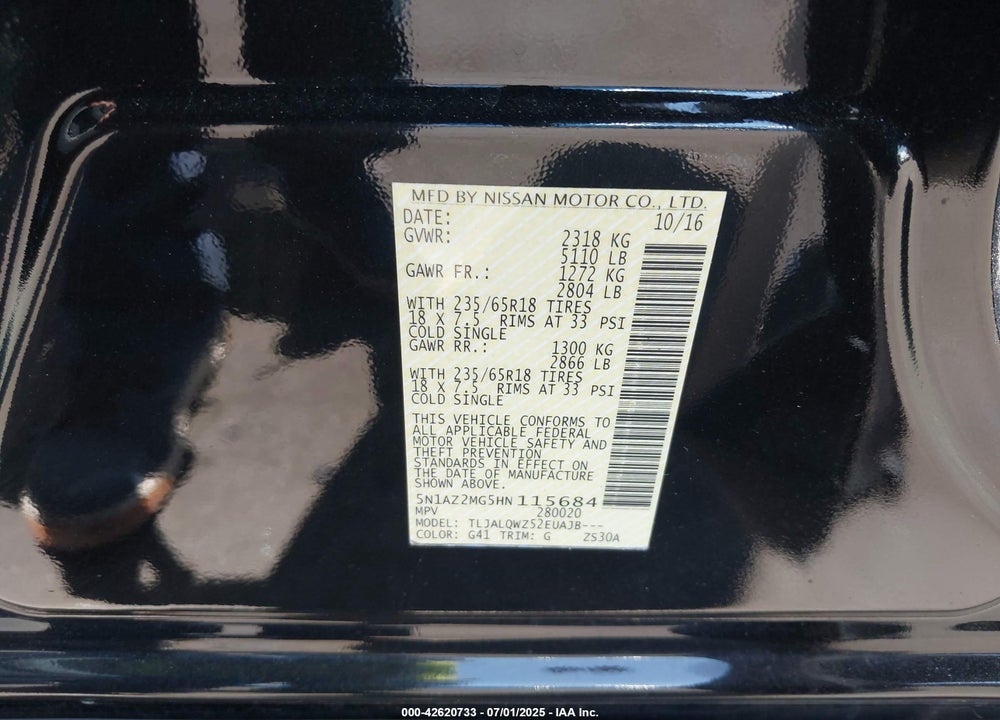 2017 NISSAN MURANO SV VIN: 5N1AZ2MG5HN115684