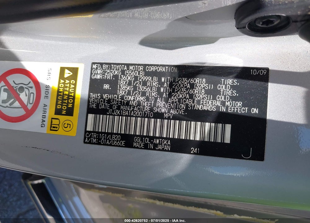 2010 LEXUS RX350 VIN: JTJZK1BA1A2001710