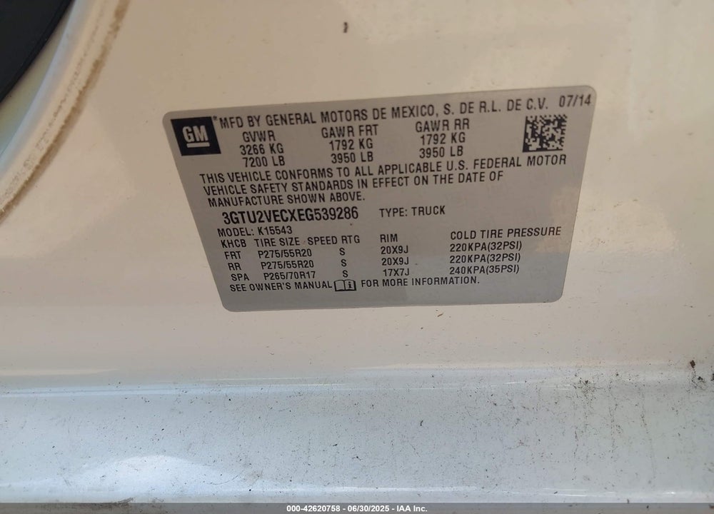 2014 GMC SIERRA 1500 VIN: 3GTU2VECXEG539286