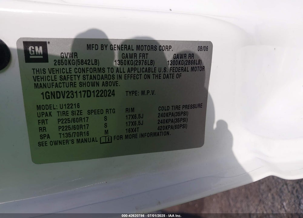 2007 CHEVROLET UPLANDER LS VIN: 1GNDV23117D122024