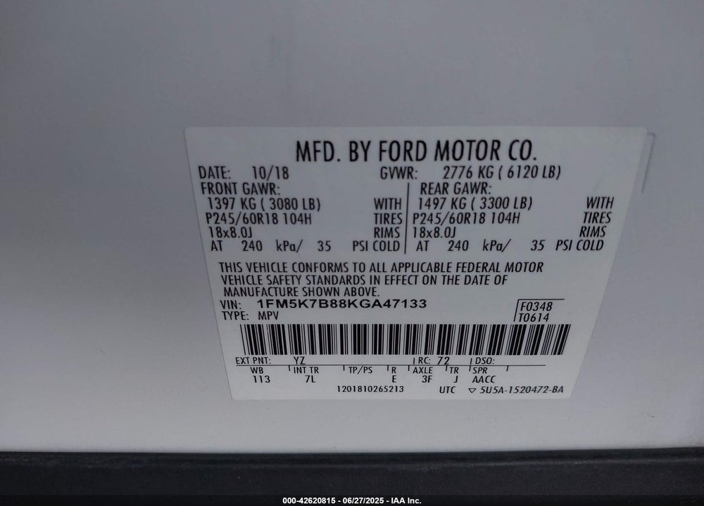 2019 FORD EXPLORER VIN: 1FM5K7B88KGA47133