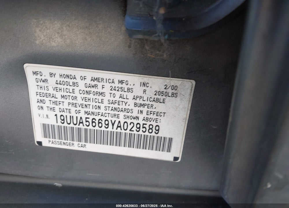 2000 ACURA TL 3.2 VIN: 19UUA5669YA029589