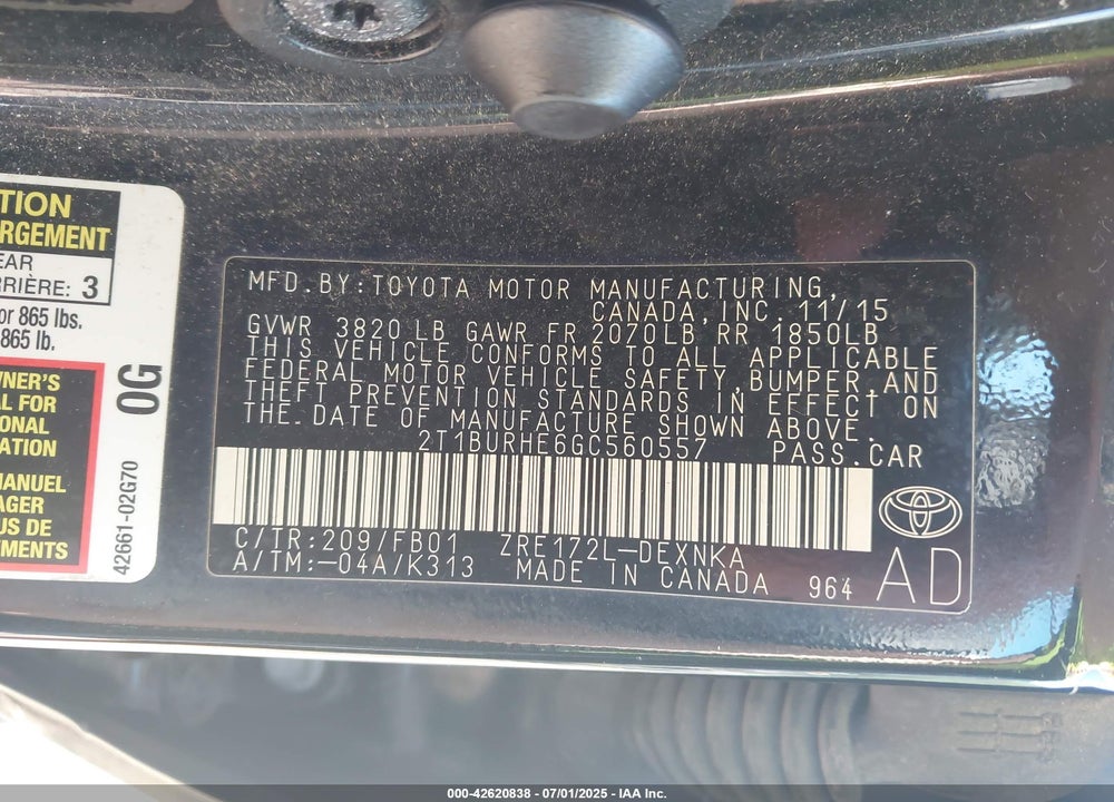 2016 TOYOTA COROLLA LE VIN: 2T1BURHE6GC560557