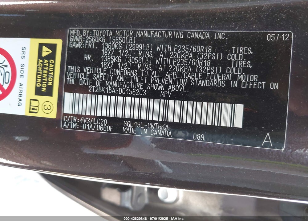 2013 LEXUS RX350 VIN: 2T2BK1BA5DC156203