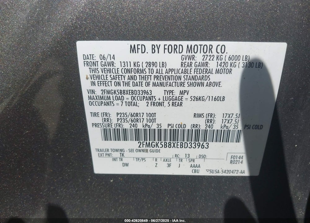 2014 FORD FLEX SE VIN: 2FMGK5B8XEBD33963
