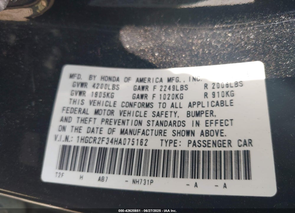 2017 HONDA ACCORD VIN: 1HGCR2F34HA075162