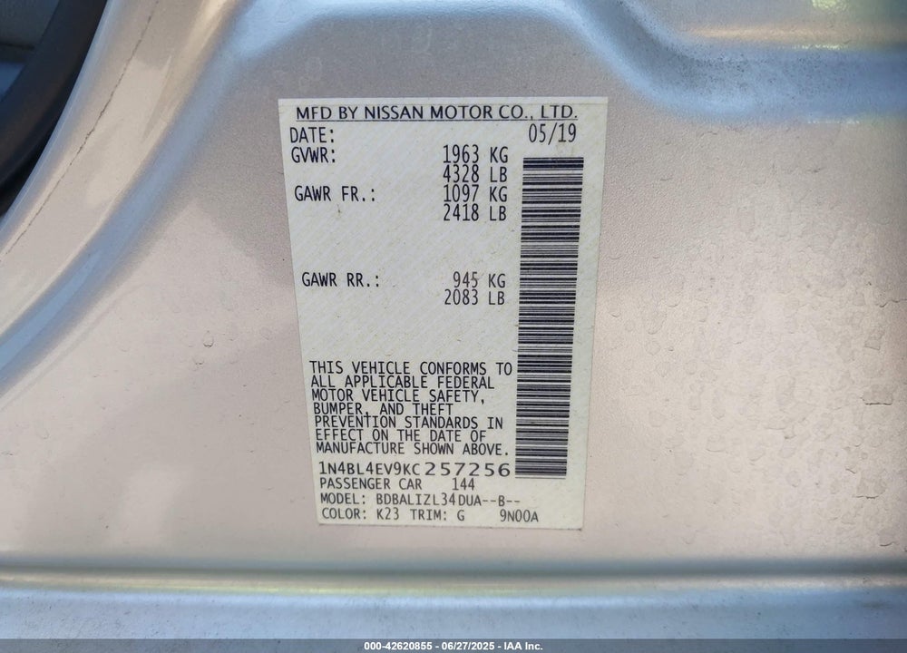 2019 NISSAN ALTIMA 2.5 SL VIN: 1N4BL4EV9KC257256